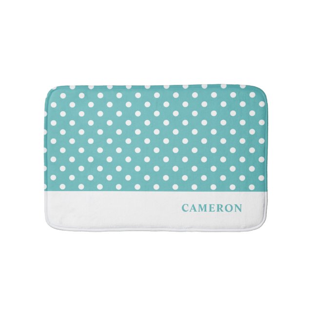 Elegant Turquoise Polka Dots Personalized  Bath Mat (Front)
