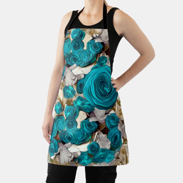 Elegant turquoise roses on beige abstract apron (Insitu)