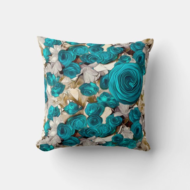 Elegant turquoise roses on beige abstract throw pillow (Front)