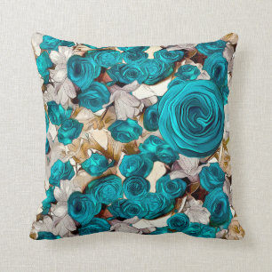Elegant turquoise roses on beige abstract throw pillow
