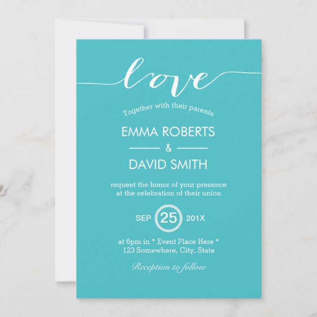 Elegant Turquoise Script Love Wedding Invitations (Front)