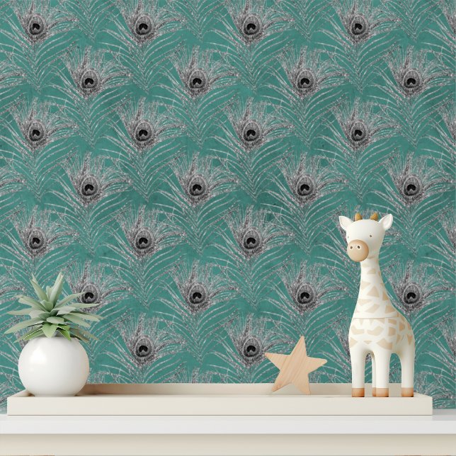 Elegant Turquoise Silver Glitter Peacock Feathers Wallpaper (Creator Uploaded)