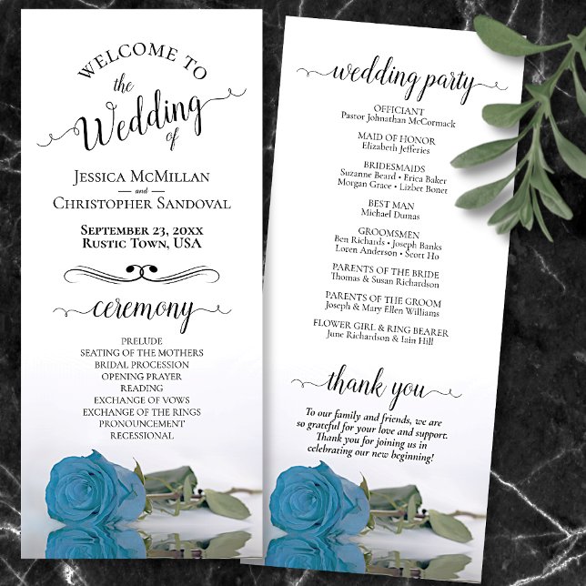 Elegant Turquoise Sky Blue Rose Romantic Wedding Program (Front and Back)