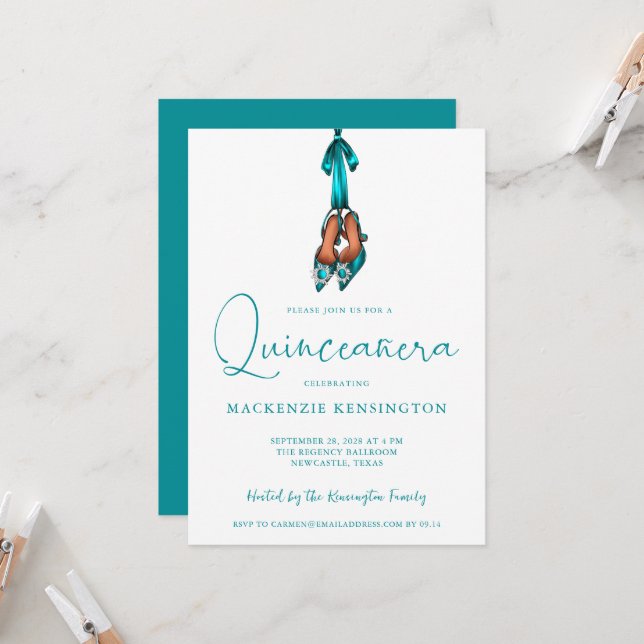 Elegant Turquoise Sparkle High Heels Quinceañera Invitation (Front/Back In Situ)