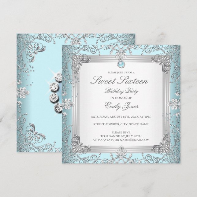Elégant Turquoise Sweet 16 Seteen Pearl Invitation (Devant / Derrière)