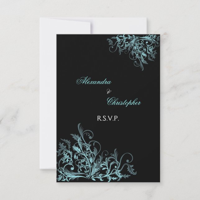 Elegant Turquoise Swirls Wedding RSVP Card (Front)