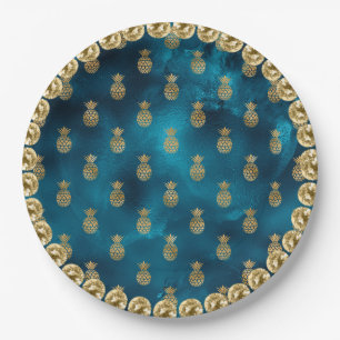 Elegant Turquoise Teal Gold Pineapple Pattern Paper Plate