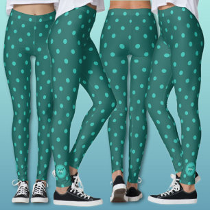 Elegant Turquoise Teal Polka Dots Monogram Name  Leggings