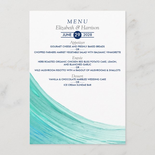 Elégant Turquoise Tides Plage Menu Mariage (Devant)