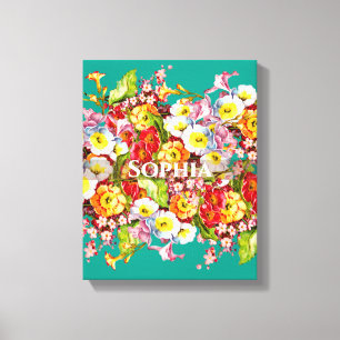 Elegant Turquoise Vintage Floral Personalized Name Canvas Print