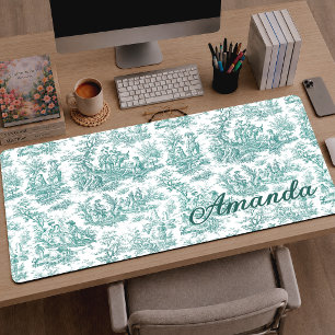 Elegant Turquoise Vintage Toile de Jouy Scene Desk Mat