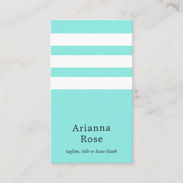 Elegant Turquoise & White Striped Vertical Chic Business Card (Front)