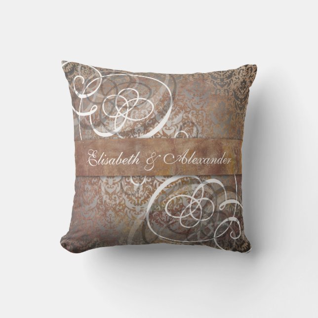 Elegant Tuscan Damask Custom Newlywed Wedding Gift Throw Pillow (Front)