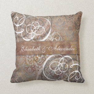 Elegant Tuscan Damask Custom Newlywed Wedding Gift Throw Pillow