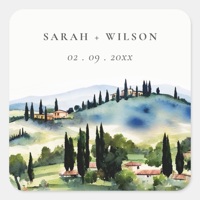 Elegant Tuscany Italy Watercolor Landscape Wedding Square Sticker (Front)
