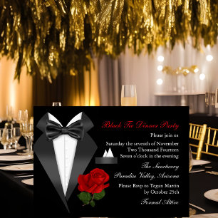 Élégant Tux & Rose Cravate noire Dîner Invitation