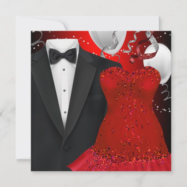 Elegant Tuxedo and Red Dress Holiday Party Invitation (Front)