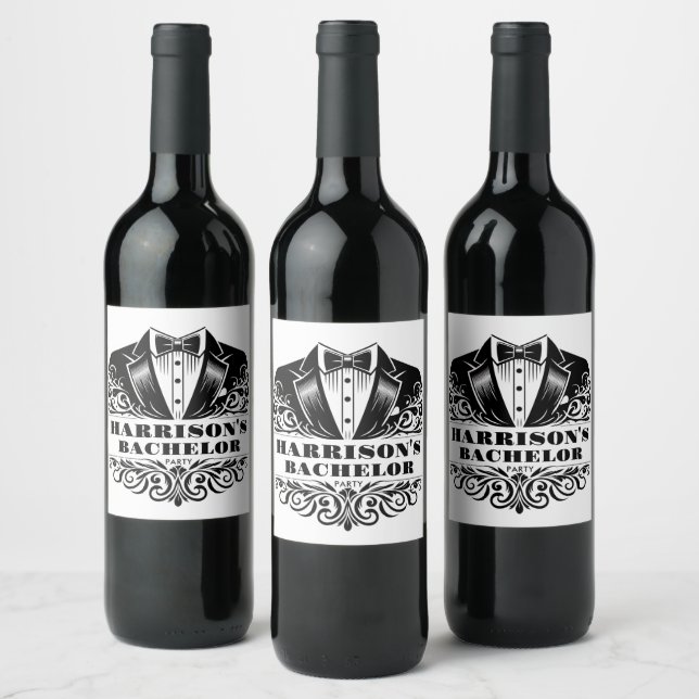 Elegant Tuxedo Bowtie Bachelor/Birthday Wine Label (Bottles)