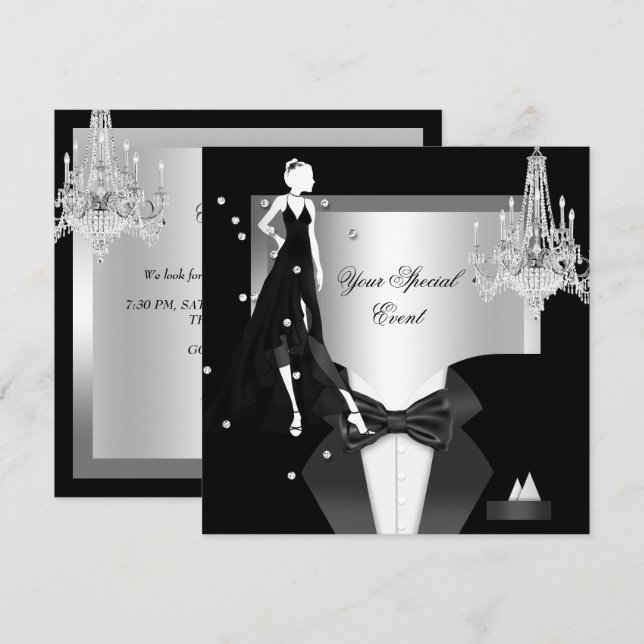 Elegant Tuxedo Gown Silver White Black Party Invitation (Front/Back)
