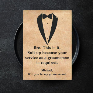 elegant tuxedo minimal modern groomsman kraft invitation
