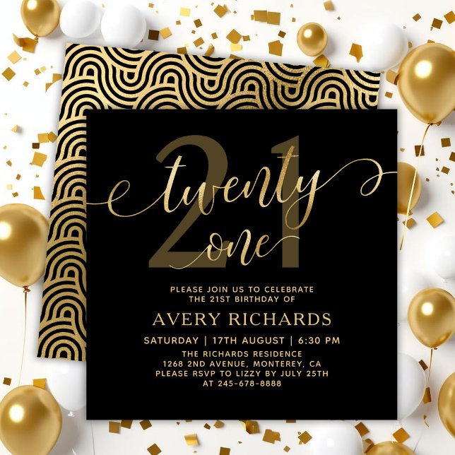 Elegant Twenty One Gold Script Black 21st Birthday Invitation (Creator Uploaded)