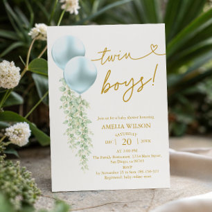 Elegant Twin Boys Blue Balloon Greenery  Invitation
