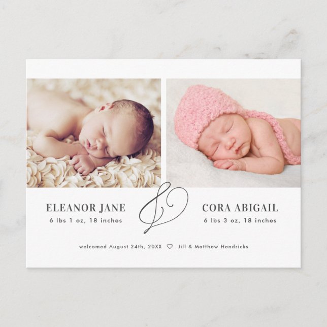 Elegant Twins Birth Announcement Postcard (Front)