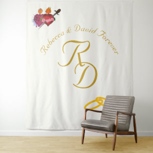 Elegant Two Hearts Catholic Monogrammed Wedding Tapestry