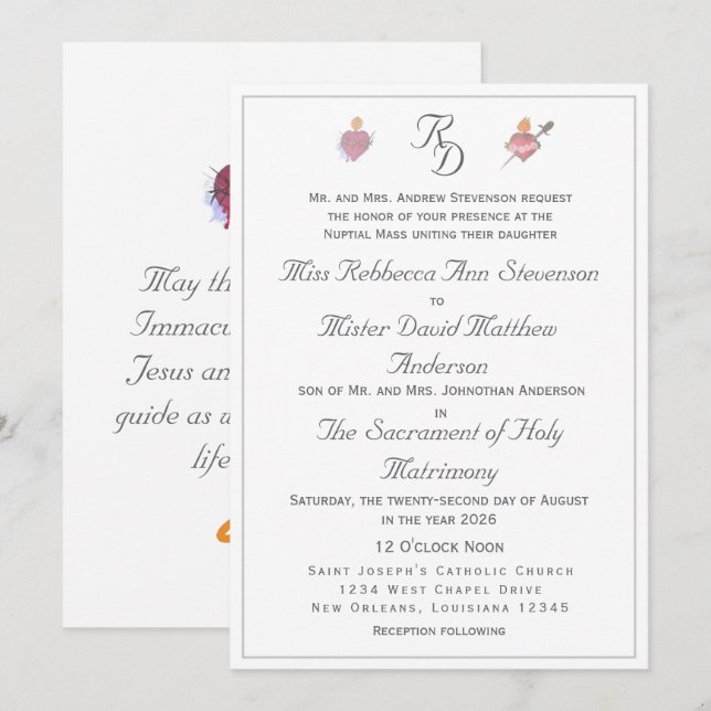 Elegant Two Hearts Catholic Wedding Invitation (Devant / Derrière)