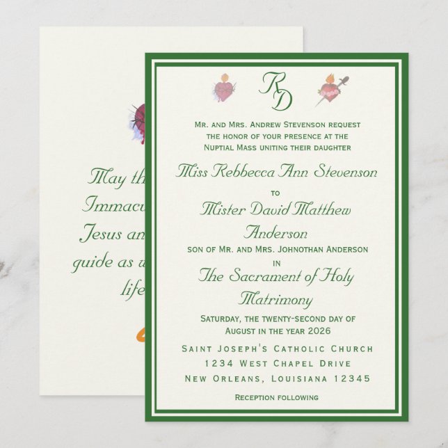 Elegant Two Hearts Catholic Wedding Invitation (Devant / Derrière)