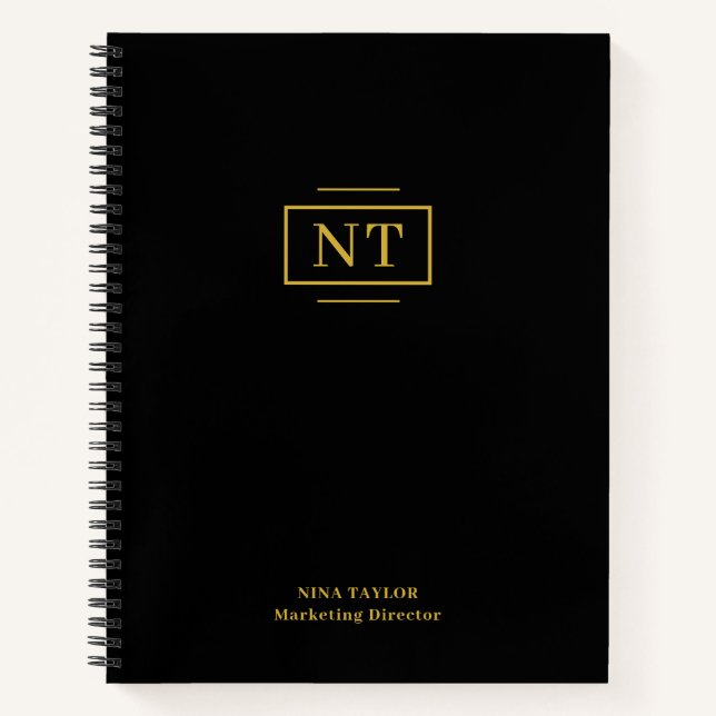 Elegant Two Letter Gold Monogram Black  Notebook (Front)