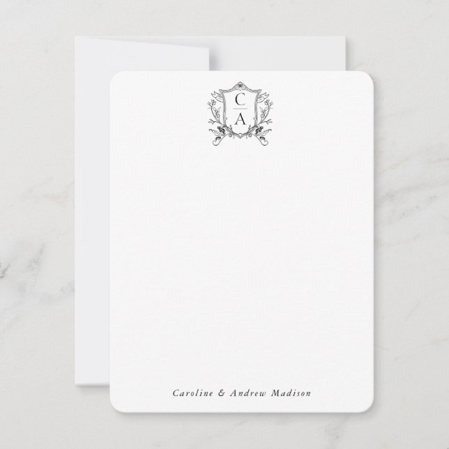 Elegant Two Monogram Crest Chic Couple Stationery Card (Front)