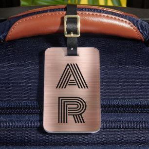 Elegant Two Monogram Initial Rose Gold Metal Luggage Tag