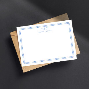 Elegant Two Monogram Light Blue Geometric Border  Card