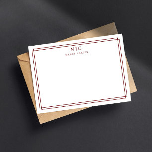 Elegant Two Monogram Maroon Red Geometric Border  Card