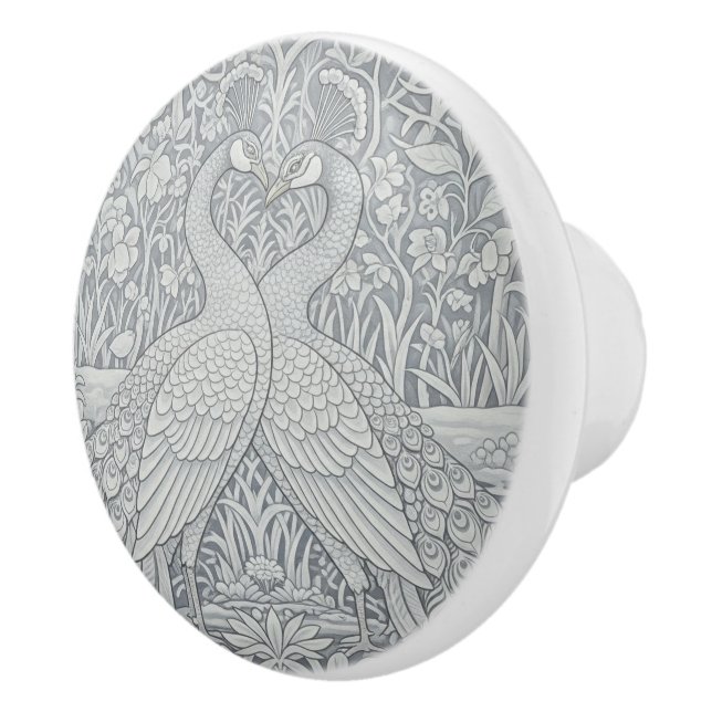 Elegant Two Peacocks Romance, Winter Art, Morris Ceramic Knob (Right)