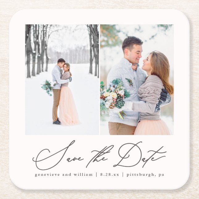 Elegant Two Photo Wedding Save the Date Coaster (Front)