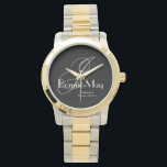 Elegant Two-Tone Monogram & Name Bridesmaid Gift Watch<br><div class="desc">A timeless token of appreciation, this silver and gold two-tone watch showcases a classic grey monogram on a deep charcoal background. The refined white script details add a touch of grace, ensuring this beautiful timepiece serves as both a functional gift and a stylish memento of your special day. Personalize each...</div>