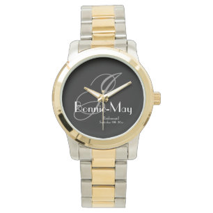 Elegant Two-Tone Monogram & Name Bridesmaid Gift Watch