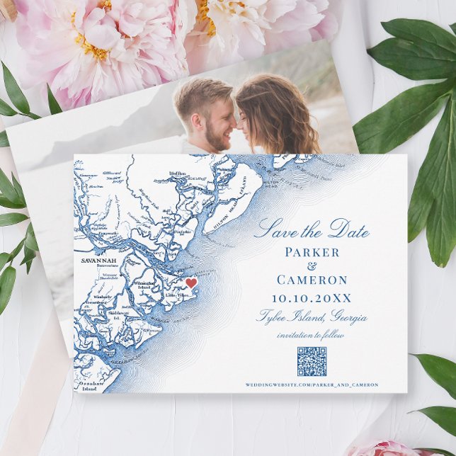 Elégant Tybee Island Géorgie Carte Mariage de mari (Tybee Island GA Map Wedding Save the Date with Photo and QR Code in elegant navy blue )