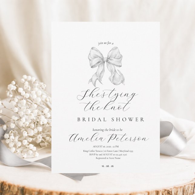 Elegant, tying the knot bridal shower white bow. invitation (Creator Uploaded)