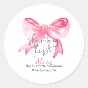 Elegant Tying the Knot Pink Bow Bachelorette Party Classic Round Sticker