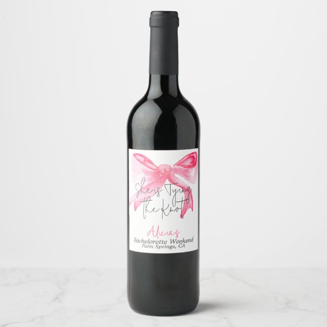 Elegant Tying the Knot Pink Bow Bachelorette Party Wine Label (Front)