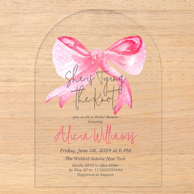 Elegant Tying the Knot Pink Bow Bridal Shower Acrylic Invitations (Front)