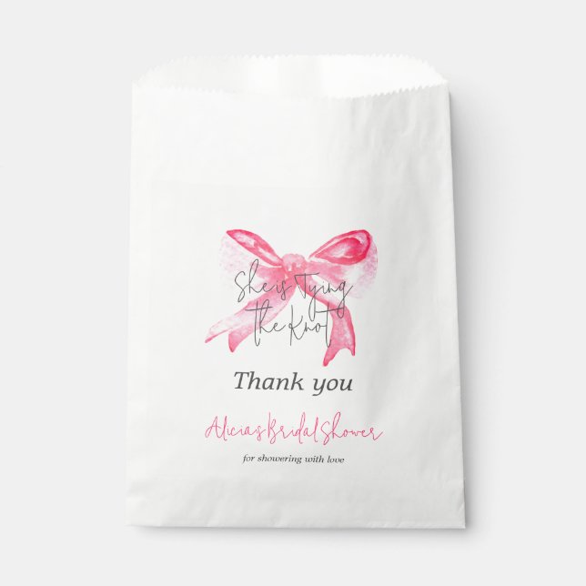 Elegant Tying the Knot Pink Bow Bridal Shower Favour Bag (Front)