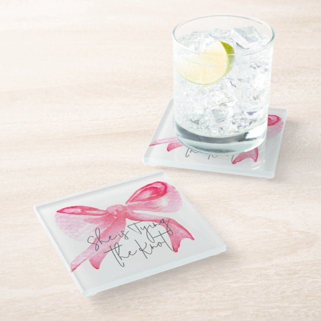 Elegant Tying the Knot Pink Bow Bridal Shower Glass Coaster (Angled)