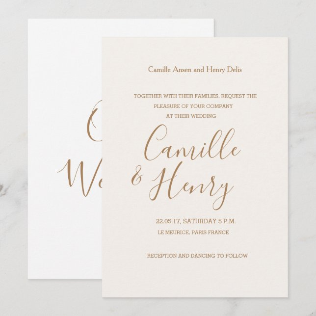 Elegant type champagne white gold modern wedding invitation (Front/Back)