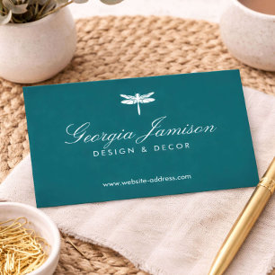 Elegant Type Dragonfly Logo on Teal Green Business Card