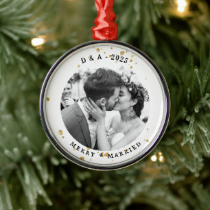 Elegant Typewriter Merry and Married Photo Metal Ornament