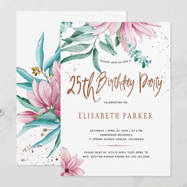 Elegant typography 25th floral birthday party invitation (Front/Back)